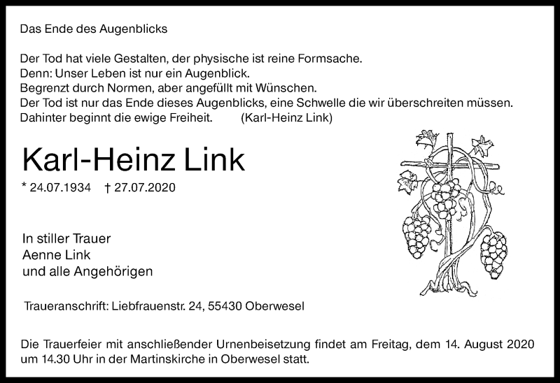  Traueranzeige für Karl-Heinz Link vom 08.08.2020 aus vrm-trauer