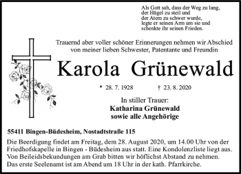 Traueranzeige von Karola Grünewald von vrm-trauer