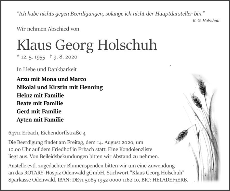  Traueranzeige für Klaus Georg Holschuh vom 12.08.2020 aus vrm-trauer