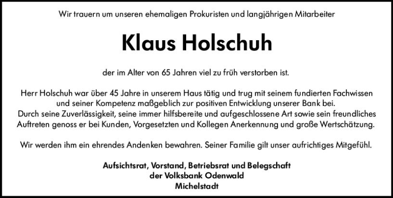  Traueranzeige für Klaus Georg Holschuh vom 12.08.2020 aus vrm-trauer