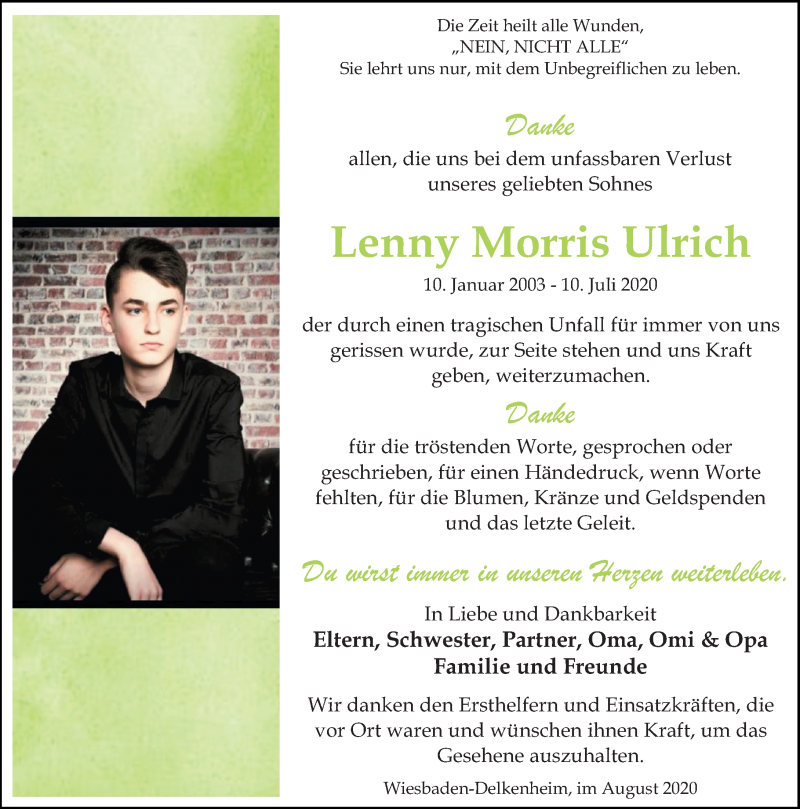  Traueranzeige für Lenny Morris Ulrich vom 08.08.2020 aus vrm-trauer