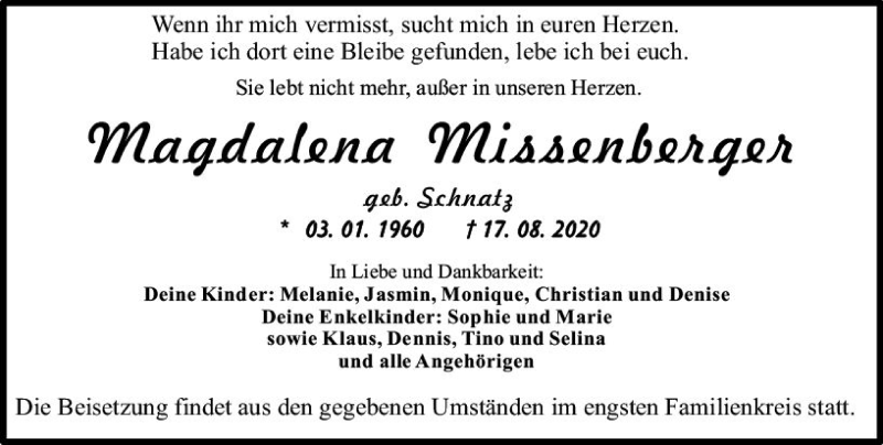  Traueranzeige für Magdalena Missenberger vom 29.08.2020 aus vrm-trauer