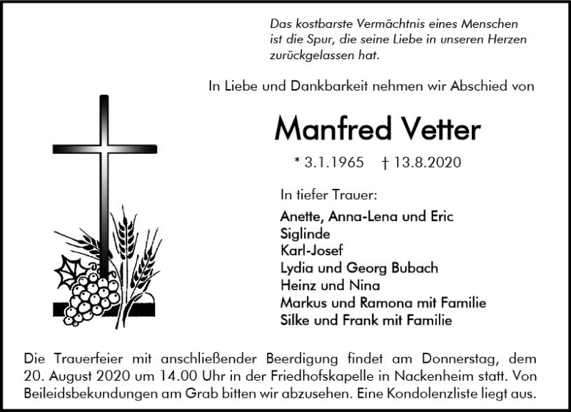  Traueranzeige für Manfred Vetter vom 18.08.2020 aus vrm-trauer