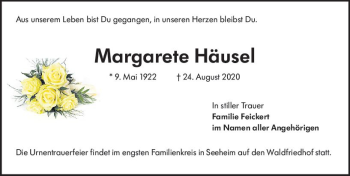 Traueranzeige von Margarete Häusel von vrm-trauer