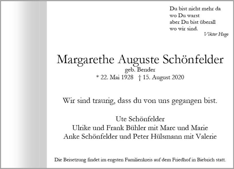  Traueranzeige für Margarethe Auguste Schönfelder vom 22.08.2020 aus vrm-trauer