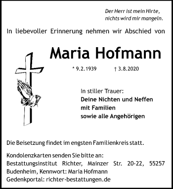 Traueranzeige von Maria Hofmann von vrm-trauer
