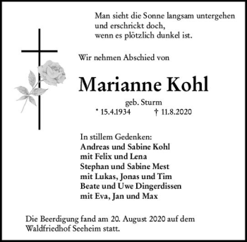 Traueranzeige von Marianne Kohl von vrm-trauer