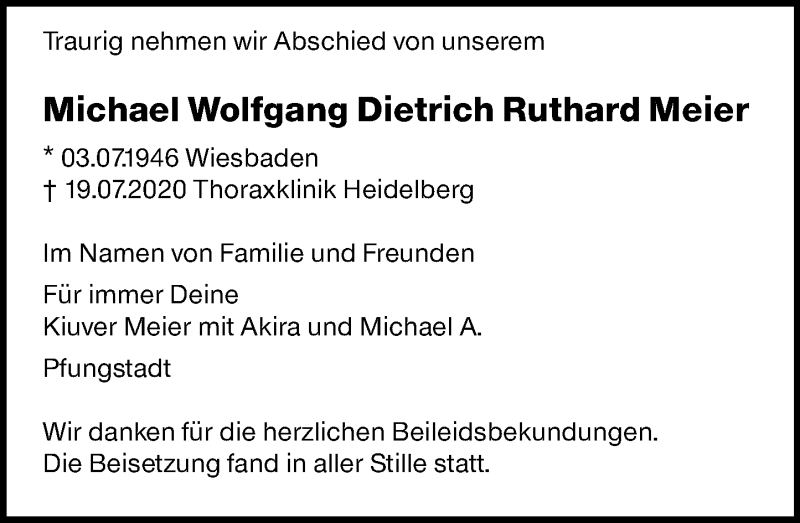  Traueranzeige für Michael Wolfgang Dietrich Ruthard Meier vom 08.08.2020 aus vrm-trauer