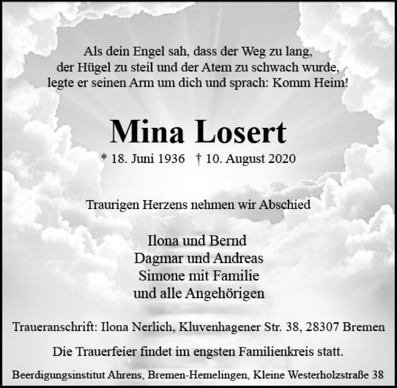  Traueranzeige für Mina Losert vom 15.08.2020 aus vrm-trauer