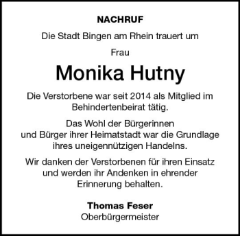 Traueranzeige von Monika Hutny von vrm-trauer