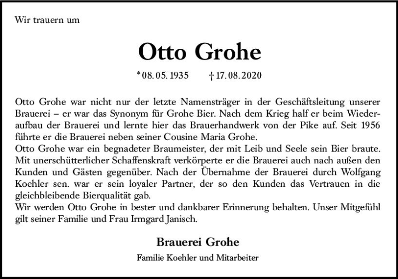  Traueranzeige für Otto Grohe vom 22.08.2020 aus vrm-trauer
