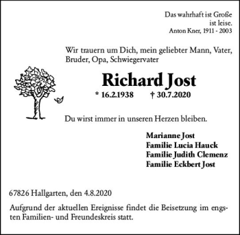 Traueranzeige von Richard Jost von vrm-trauer