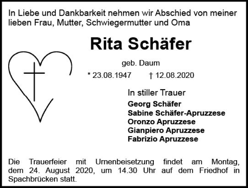  Traueranzeige für Rita Schäfer vom 22.08.2020 aus vrm-trauer