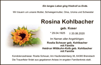 Traueranzeige von Rosina Kohlbacher von vrm-trauer