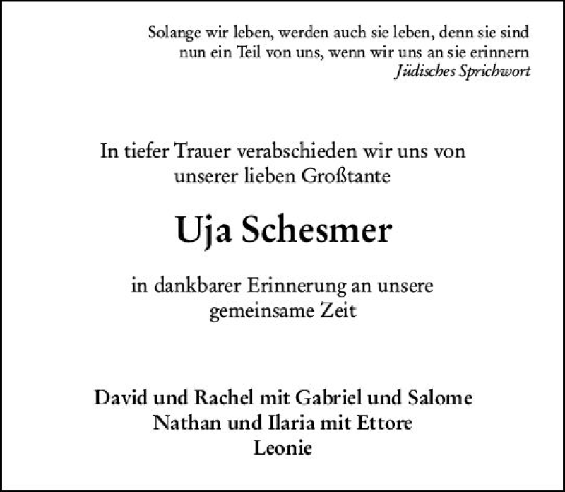 Traueranzeige für Uja Schesmer vom 14.08.2020 aus vrm-trauer