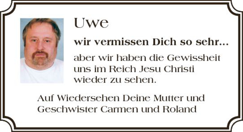  Traueranzeige für Uwe  vom 27.08.2020 aus vrm-trauer