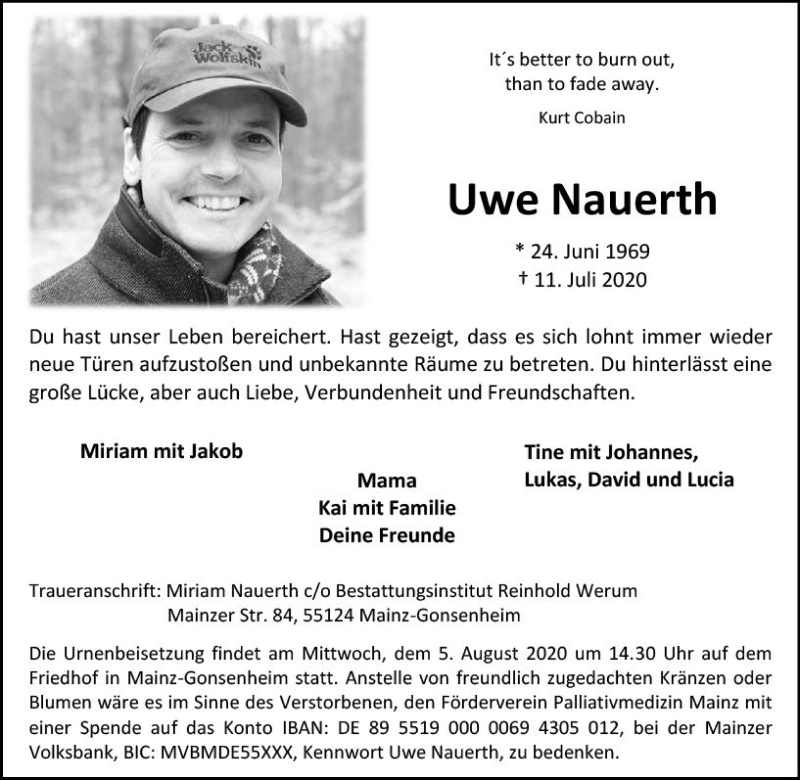  Traueranzeige für Uwe Nauerth vom 25.07.2020 aus vrm-trauer