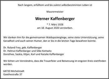 Traueranzeige von Werner Kaffenberger von vrm-trauer