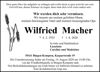 Traueranzeige von Wilfried Macher von vrm-trauer