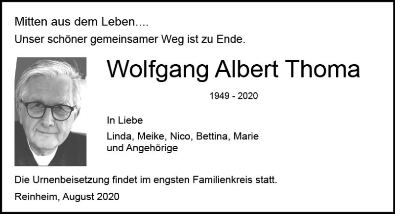  Traueranzeige für Wolfgang Albert Thoma vom 29.08.2020 aus vrm-trauer