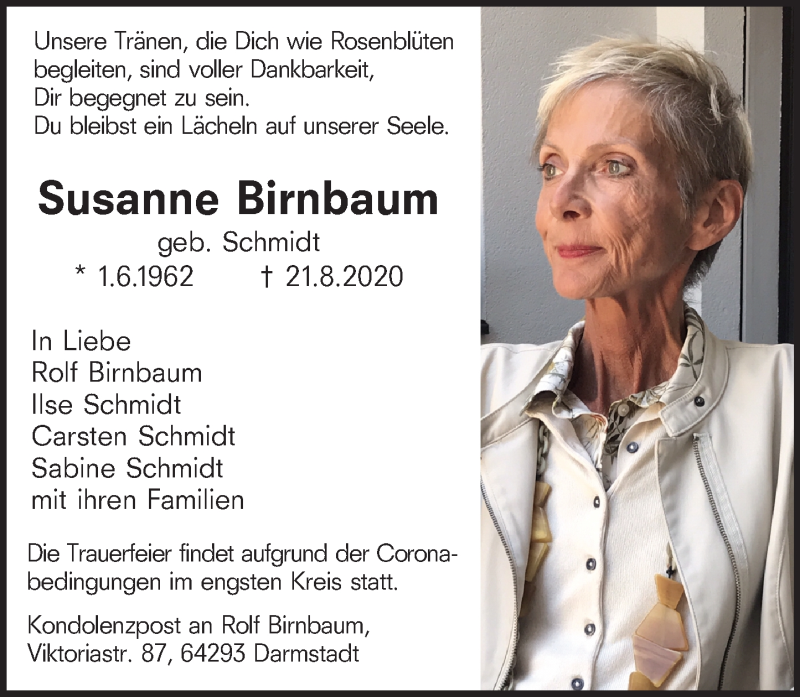  Traueranzeige für Susanne Birnbaum vom 29.08.2020 aus VRM Tageszeitungen