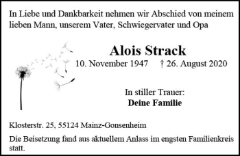 Traueranzeige von Alois Strack von vrm-trauer