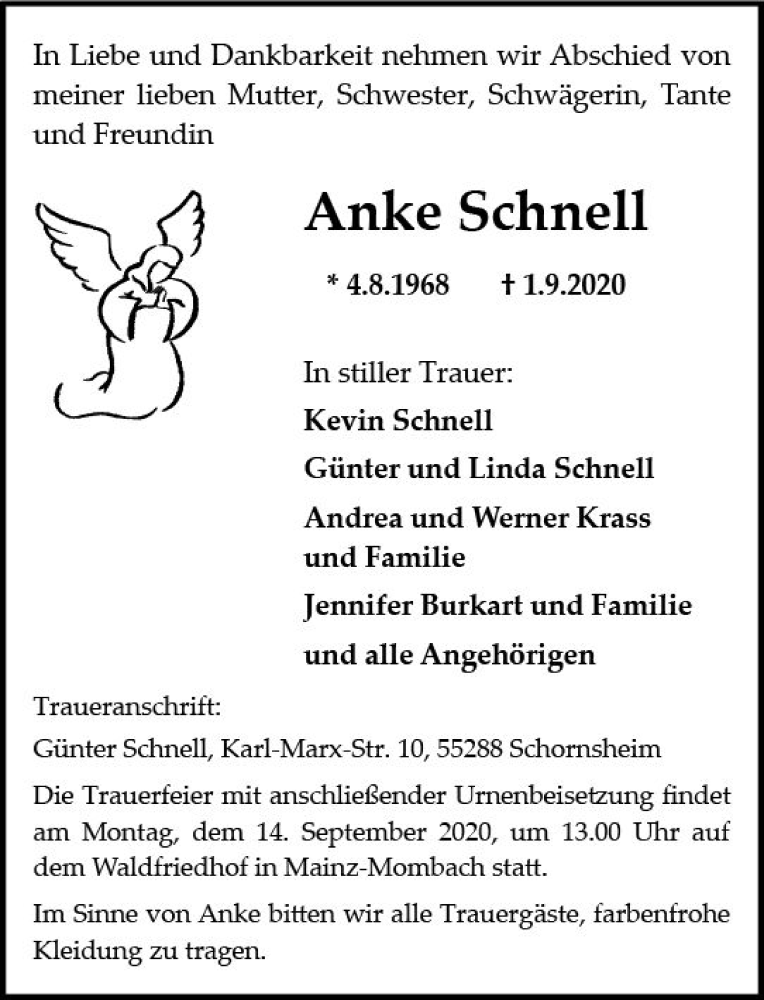  Traueranzeige für Anke Schnell vom 09.09.2020 aus vrm-trauer