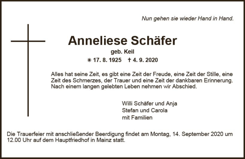  Traueranzeige für Anneliese Schäfer vom 10.09.2020 aus vrm-trauer