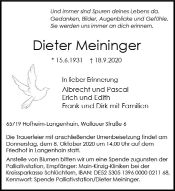 Traueranzeige von Dieter Meininger von vrm-trauer