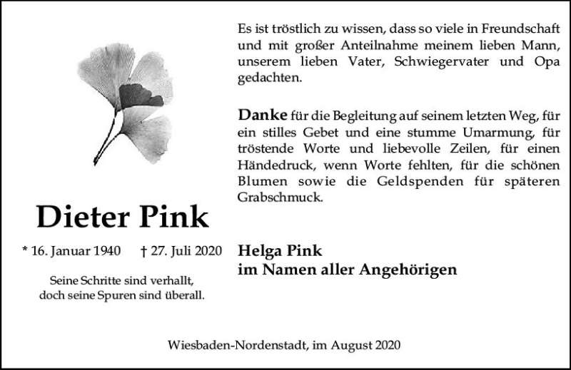  Traueranzeige für Dieter Pink vom 05.09.2020 aus vrm-trauer