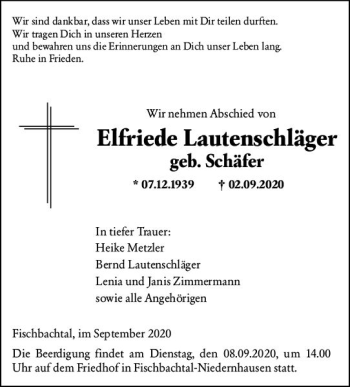 Traueranzeige von Elfriede Lautenschläger von vrm-trauer