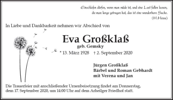 Traueranzeige von Eva Großklaß von vrm-trauer