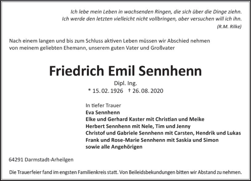  Traueranzeige für Friedrich Emil Sennhenn vom 05.09.2020 aus vrm-trauer