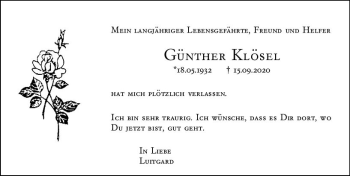 Traueranzeige von Günther Klösel von vrm-trauer