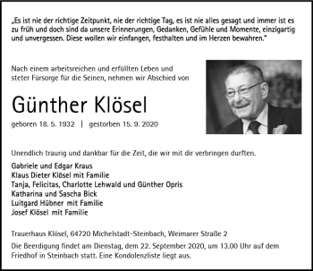 Traueranzeige von Günther Klösel von vrm-trauer