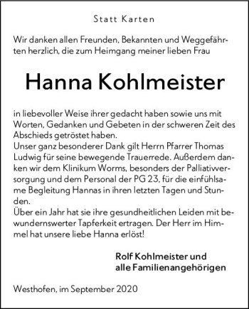 Traueranzeige von Hanna Kohlmeister von vrm-trauer