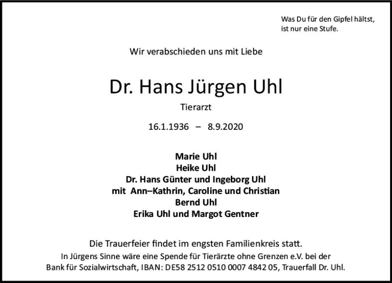  Traueranzeige für Hans Jürgen Uhl vom 19.09.2020 aus vrm-trauer