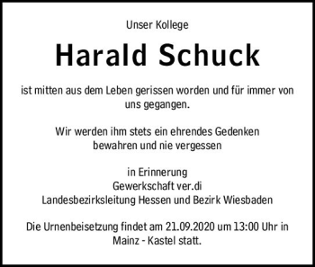 Traueranzeige von Harald Schuck von vrm-trauer