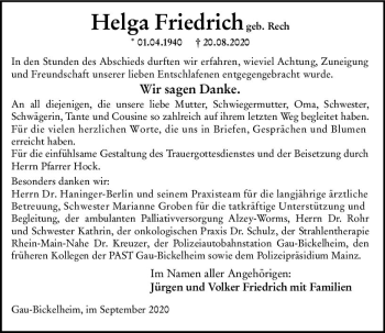 Traueranzeige von Helga Friedrich von vrm-trauer
