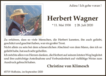 Traueranzeige von Herbert Wagner von vrm-trauer