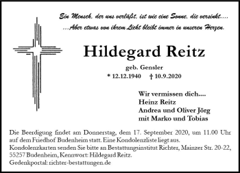 Traueranzeige von Hildegard Reitz von vrm-trauer