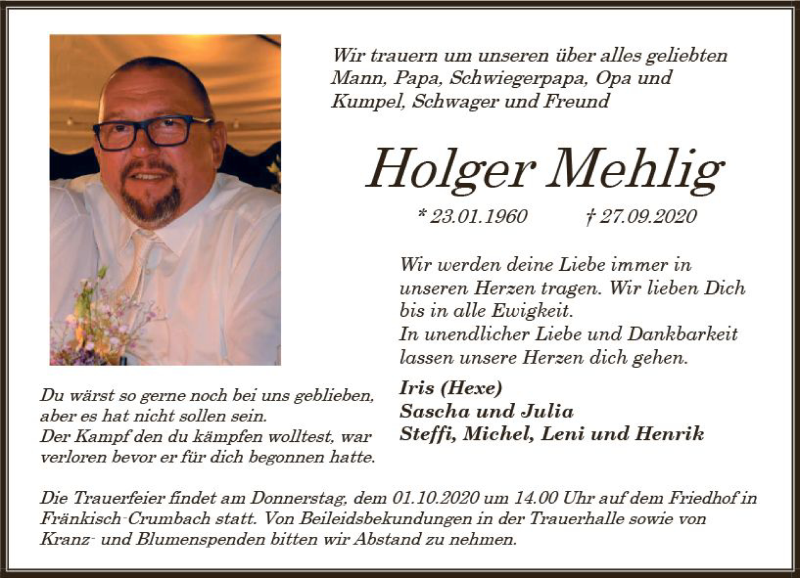  Traueranzeige für Holger Mehlig vom 29.09.2020 aus vrm-trauer