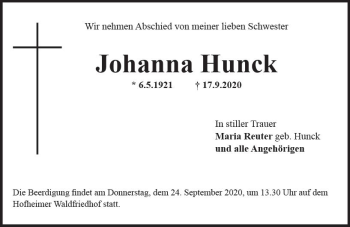 Traueranzeige von Johanna Hunck von vrm-trauer