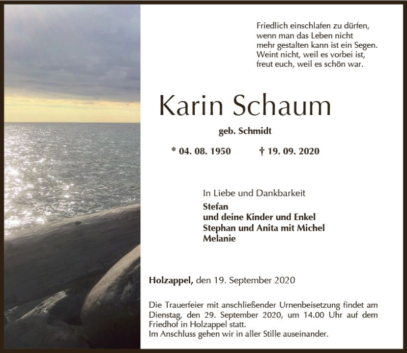  Traueranzeige für Karin Schaum vom 24.09.2020 aus vrm-trauer