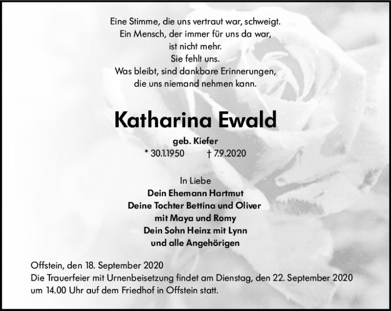  Traueranzeige für Katharina Ewald vom 18.09.2020 aus vrm-trauer