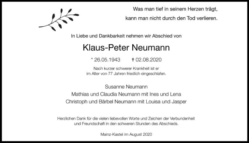  Traueranzeige für Klaus-Peter Neumann vom 05.09.2020 aus vrm-trauer