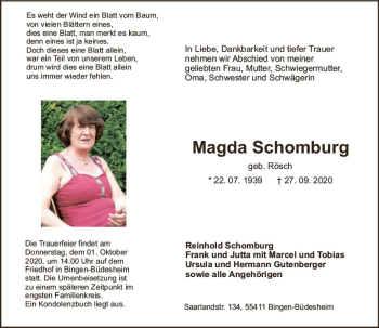 Traueranzeige von Magda Schomburg von vrm-trauer