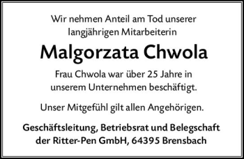 Traueranzeige von Malgorzata Chwola von vrm-trauer
