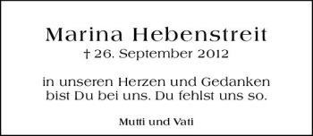 Traueranzeige von Marina Hebenstreit von vrm-trauer