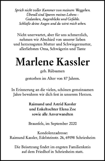 Traueranzeige von Marlene Kassier von  Wetzlarer Neue Zeitung